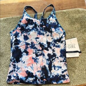 Girls Athleta brand festival, tie-dyed navy blue tankini top